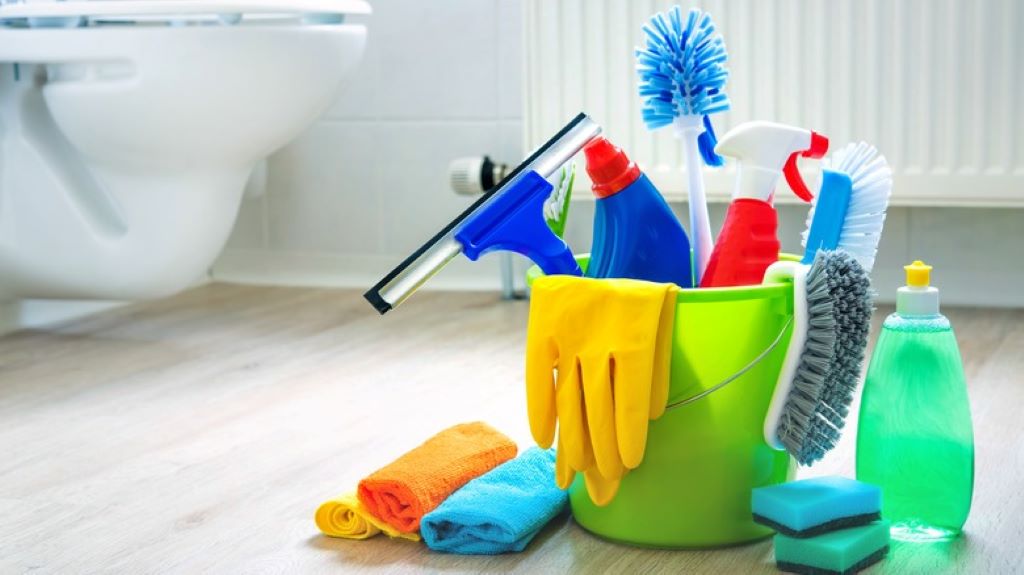 Cleaning supplies and bleach bottle beside a toilet during unclogging process