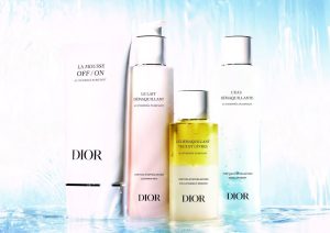 Dior Nymphea cleansing water bottle with water lily extract for gentle makeup removal on white background