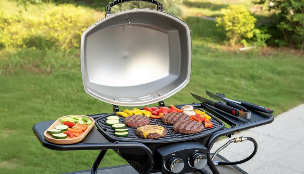 Clean stainless steel propane grill with burgers and vegetables cooking evenly on grates