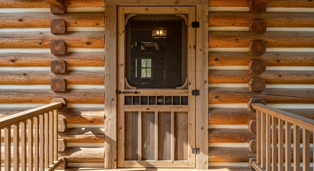 Reclaimed barn wood screen door with dark bronze mesh and batten construction on log cabin entrance