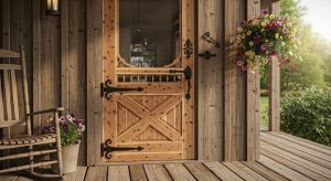 Natural cedar wood screen door with crossbuck design and wrought iron hardware on rustic farmhouse porch