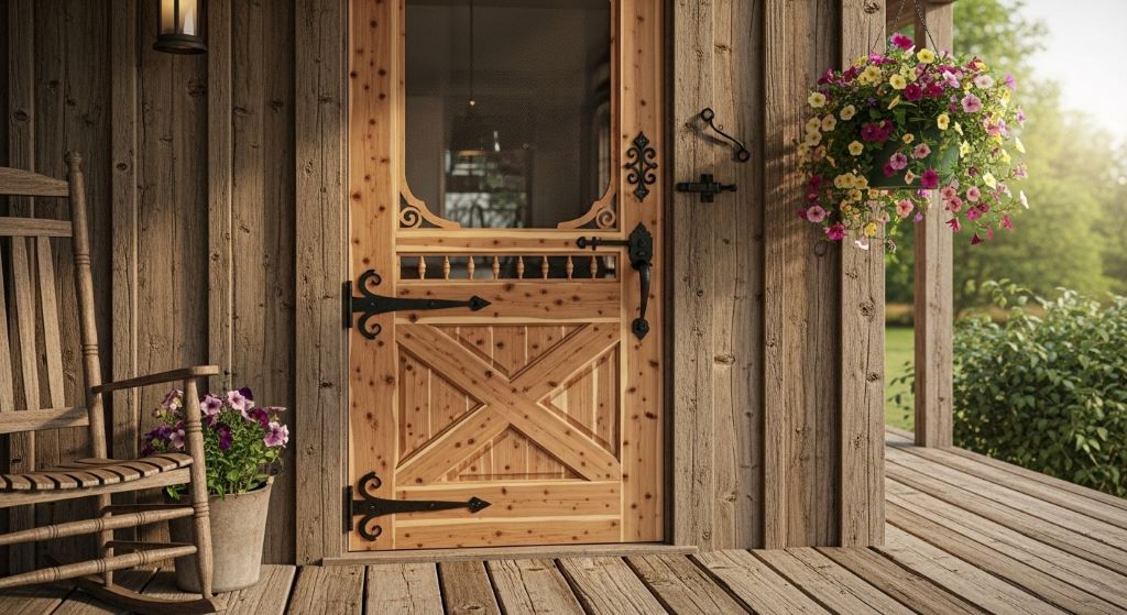 Natural cedar wood screen door with crossbuck design and wrought iron hardware on rustic farmhouse porch