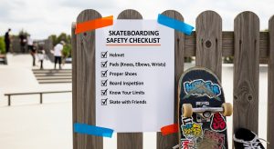 Skateboard safety checklist with helmet and pads