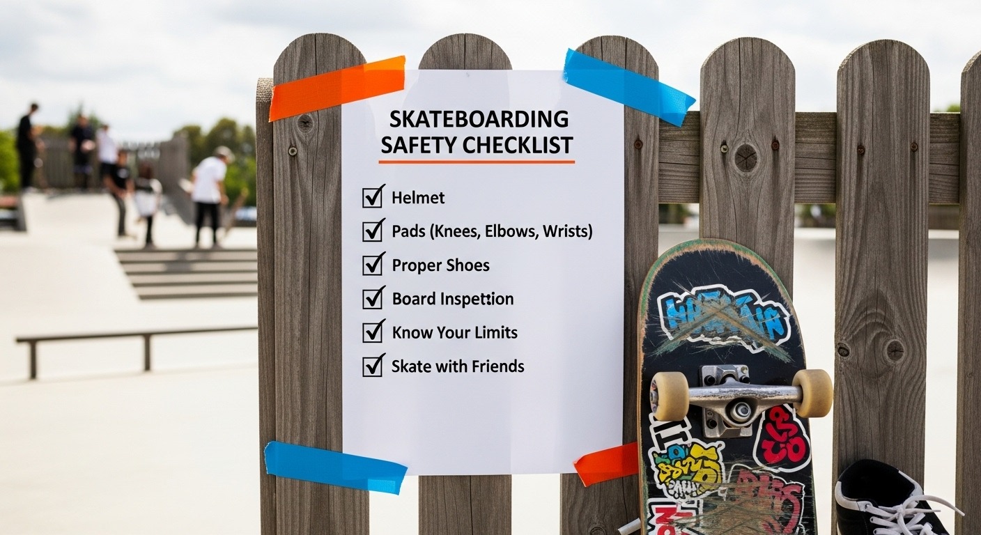 Skateboard safety checklist with helmet and pads