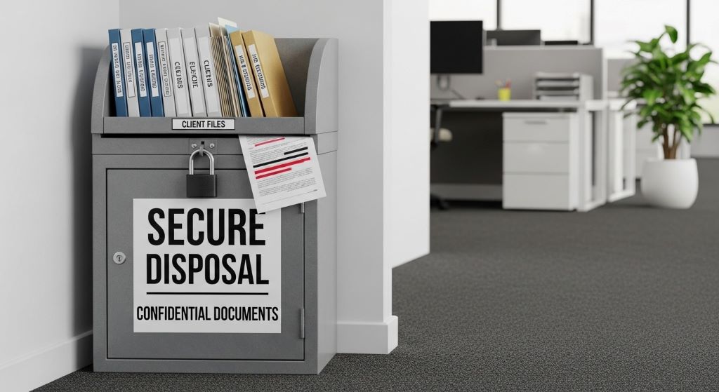 Locked security bin containing sensitive documents awaiting secure disposal in office setting