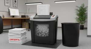 Professional document shredding machine destroying confidential business papers in small office environment