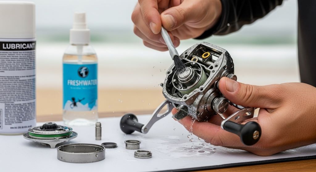Angler holding entry-level surf fishing reel showing proper maintenance and cleaning techniques after saltwater use