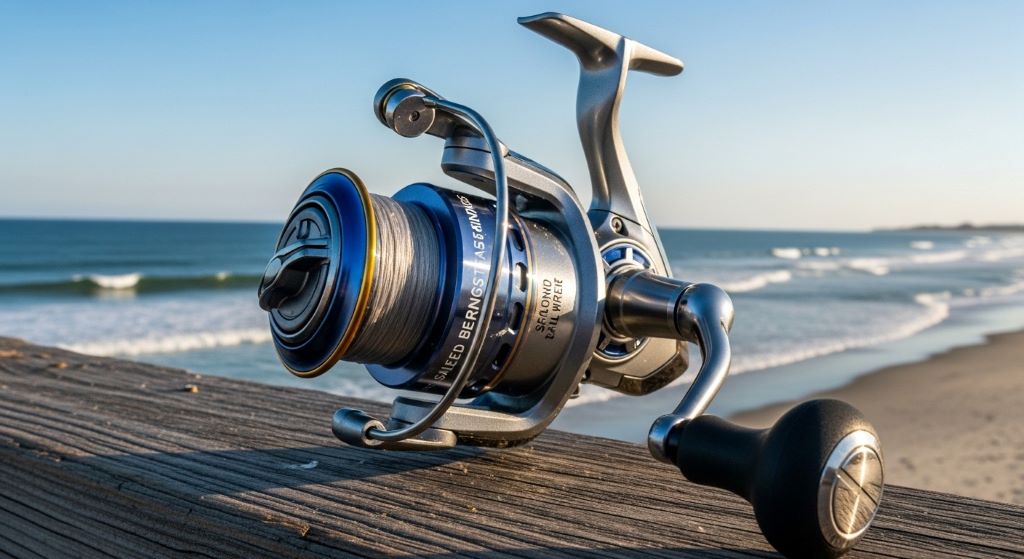 Budget-friendly spinning reel with corrosion-resistant components designed for saltwater surf fishing from sandy beaches