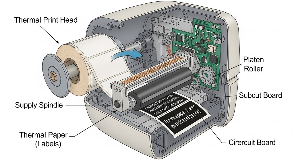 Diagram explaining how thermal print head heats label paper