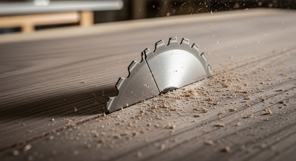 Band saw cutting 2-inch hardwood plank in workshop