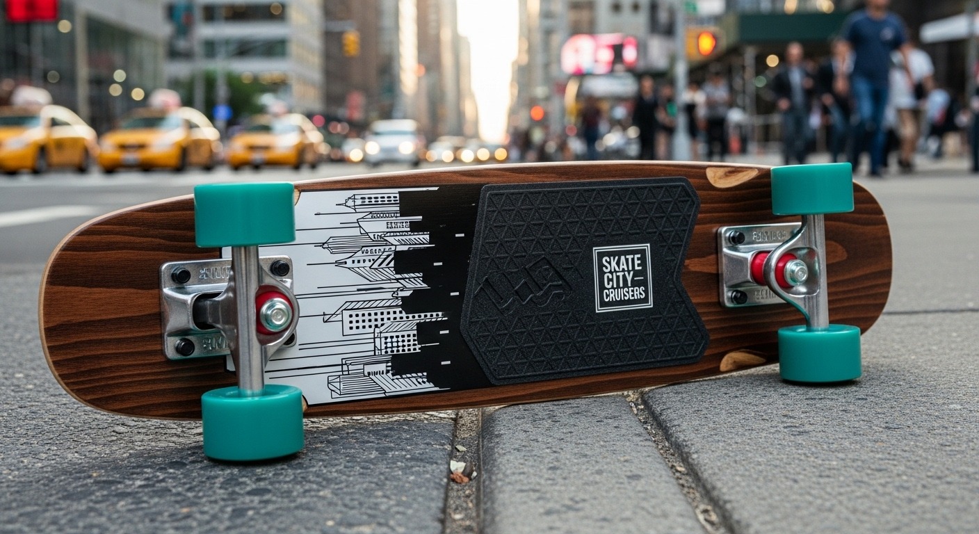 Urban skateboard setup with soft cruising wheels and wide deck