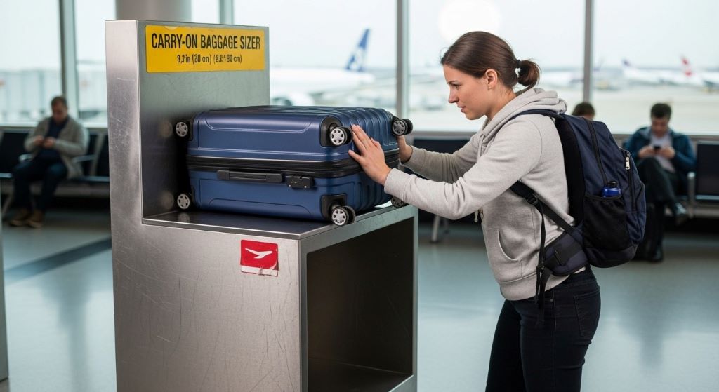 Traveler comparing suitcase measurements against airline size restriction template