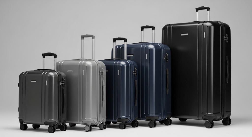 Various luggage sizes lined up showing small carry-on to large checked suitcase dimensions