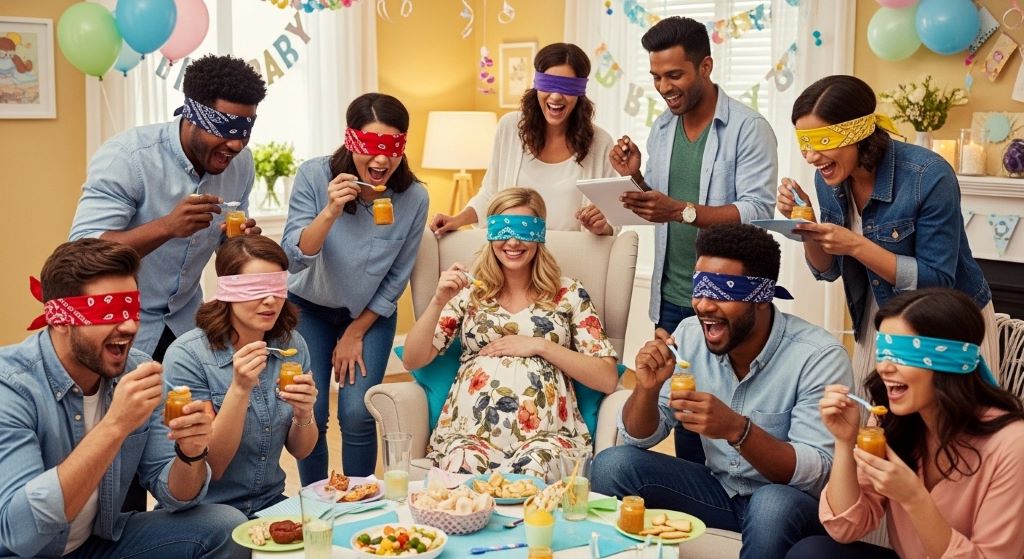 Group of baby shower guests participating in crowd-friendly party game activity