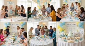 Large baby shower with guests playing games at multiple stations in decorated venue