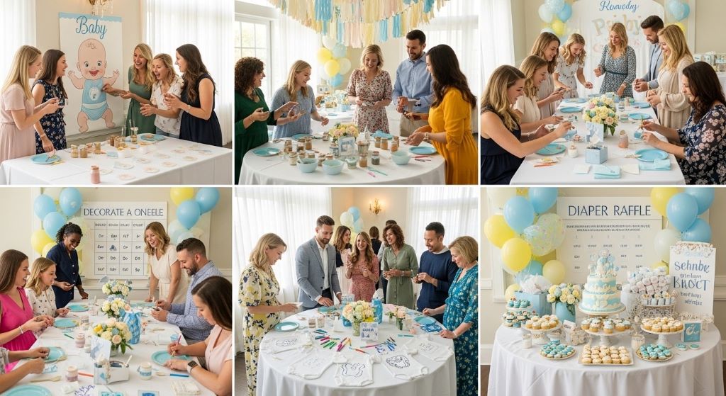 Large baby shower with guests playing games at multiple stations in decorated venue