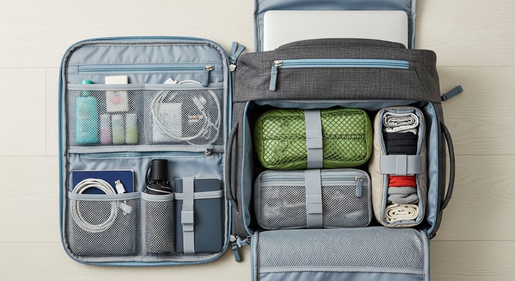 An open compact travel bag laid flat showing organized compartments, a laptop sleeve, and packing cubes