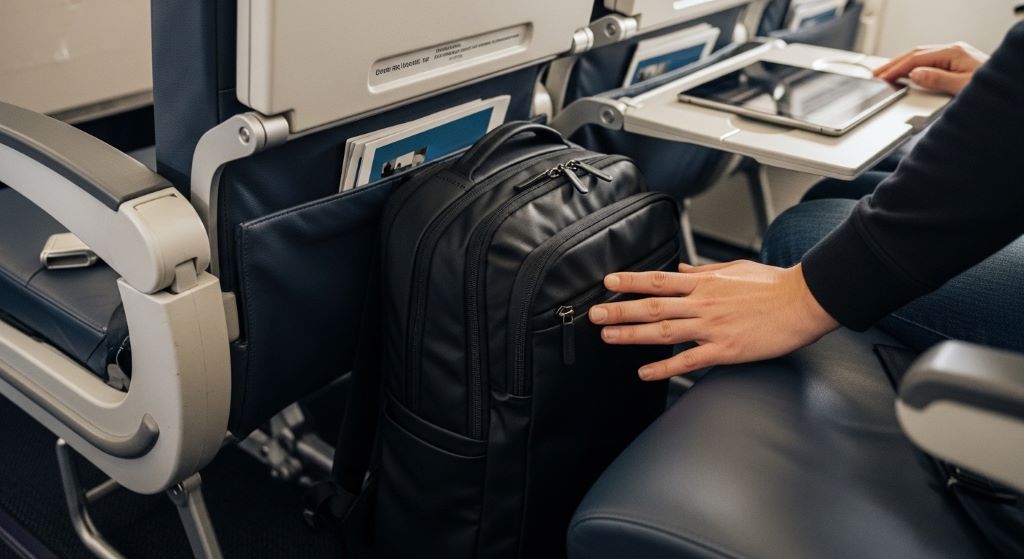 A traveler sliding a slim black backpack under an airplane seat in an economy cabin