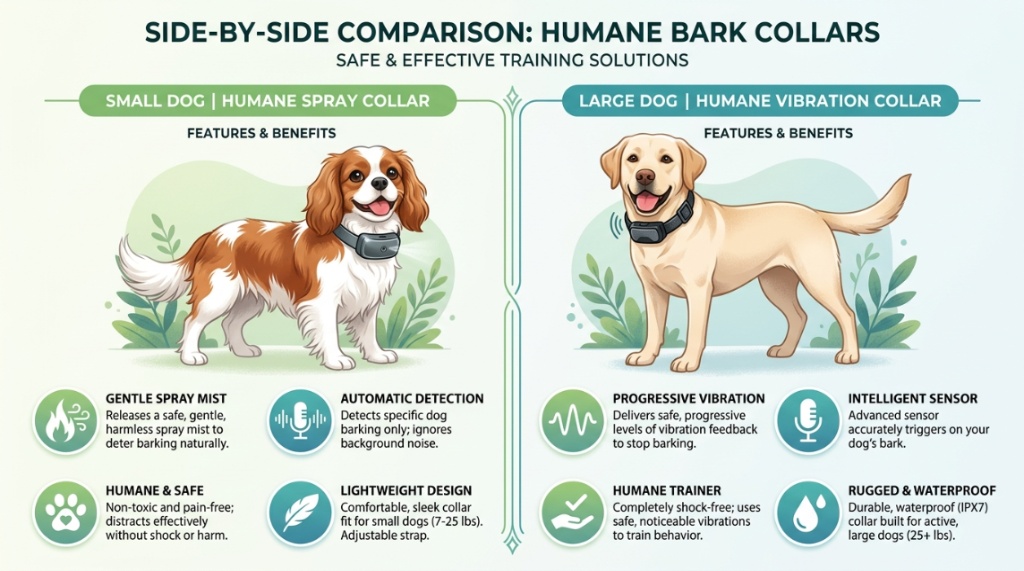  A side by side comparison showing different types of safe dog bark collars. 