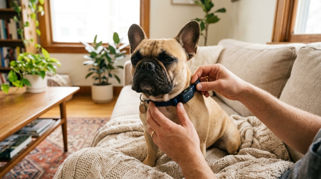 A person gently fitting a modern bark collar onto a small French Bulldog.