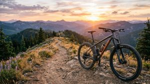 A sturdy hardtail mountain bike parked on a dirt trail at sunset.