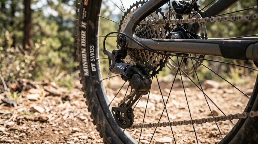 A cyclist riding a mountain bike down a dusty forest trail.