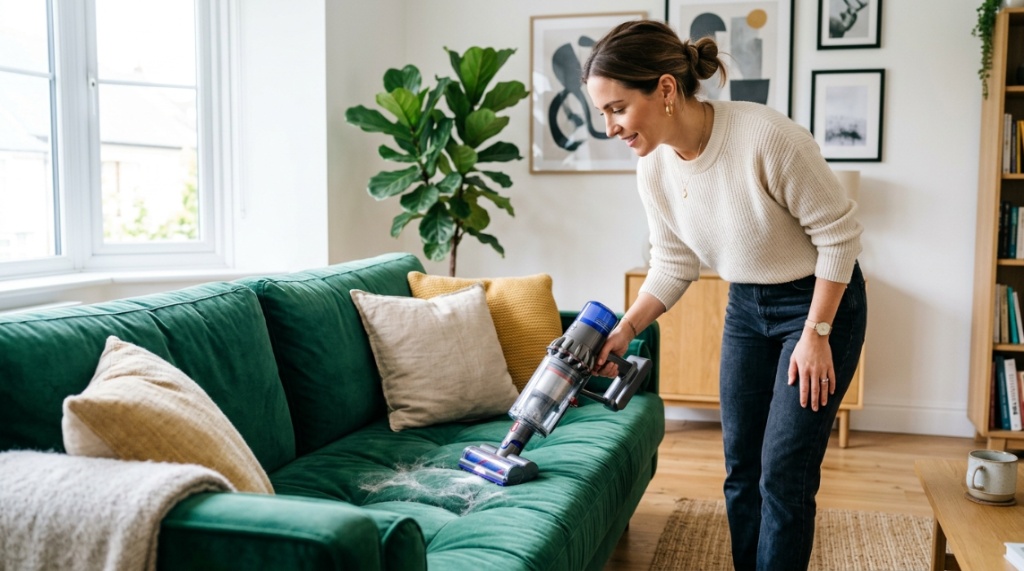Handheld cordless vacuum cleaning pet hair off a velvet sofa.