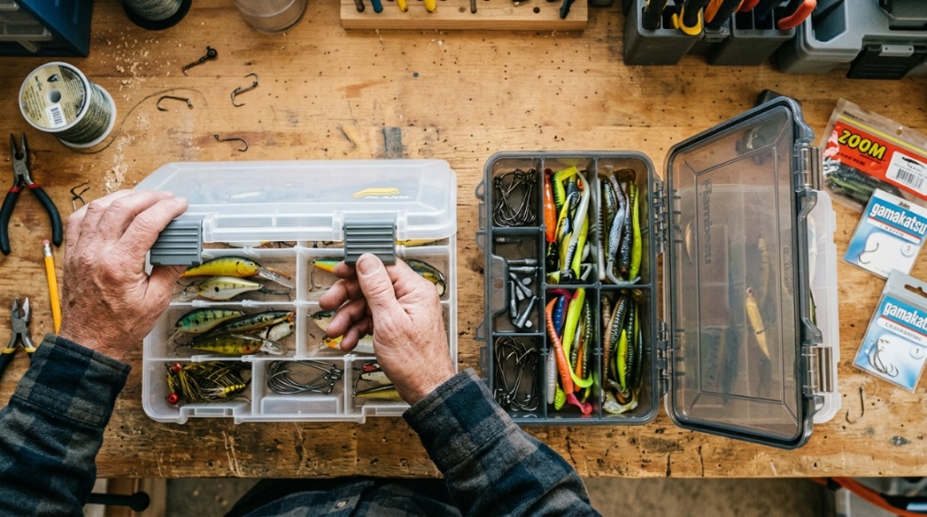 Close-up of hands comparing a budget-friendly tackle box with a premium model.