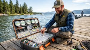 Angler organizing various fishing gear inside a durable utility tackle box.