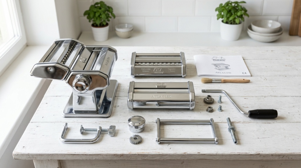 Hands feeding fresh dough through manual Marcato pasta maker rollers.