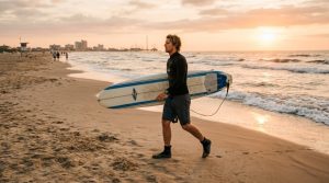 Surfer walking on a Texas beach wearing durable affordable surf shoes.