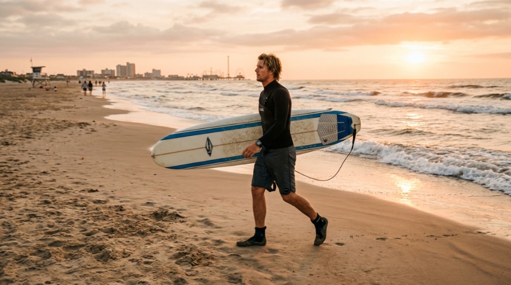 Surfer walking on a Texas beach wearing durable affordable surf shoes.