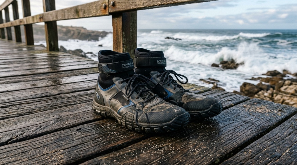Close-up of rugged rubber surf shoes on a wooden boardwalk.