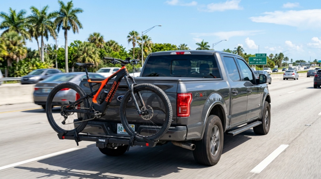 Pickup truck carrying a heavy electric bike on a Florida highway.