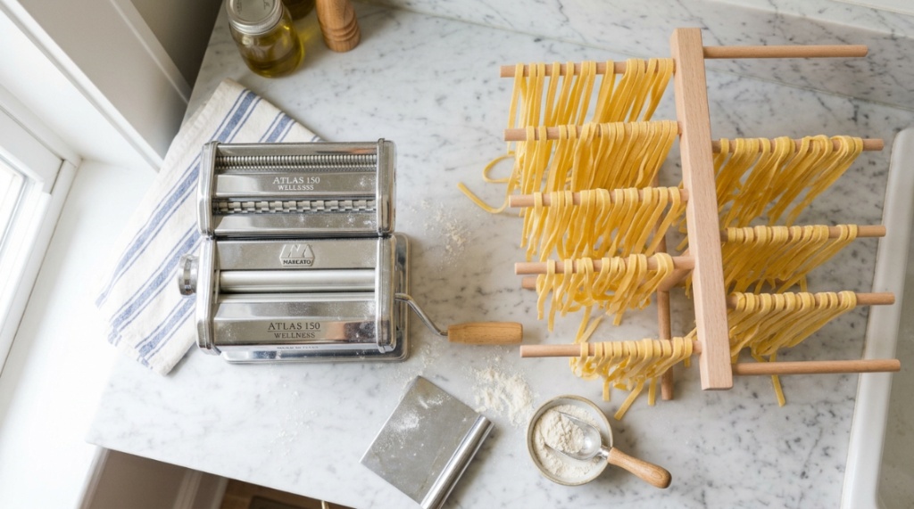 Stainless steel Marcato pasta machine with fresh noodles on marble counter.