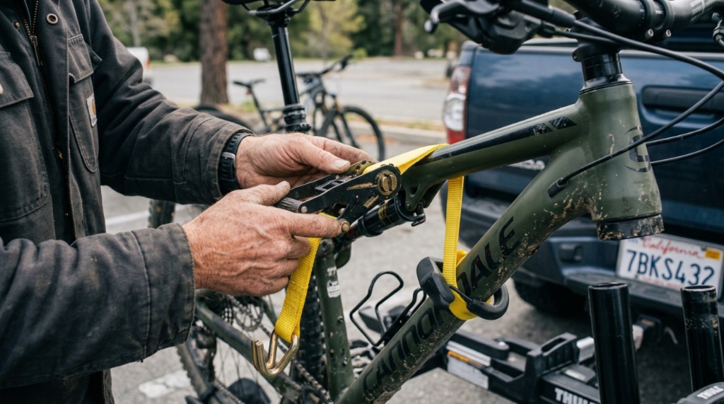 Hands securing a heavy bike frame with a ratchet strap.