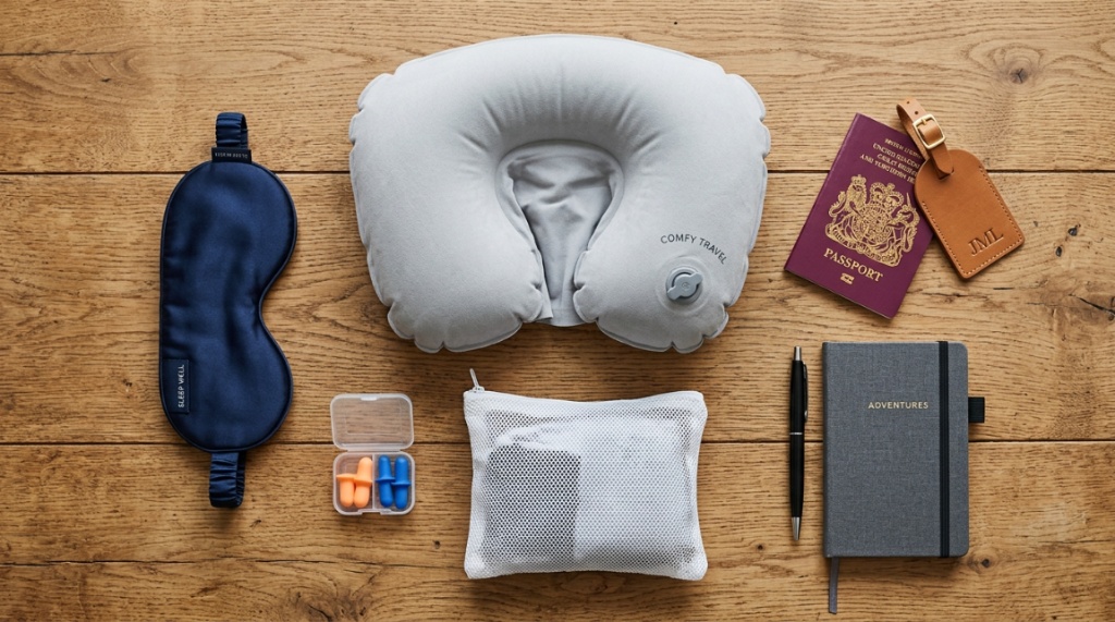 Travel accessories including a supportive neck pillow and eye mask.