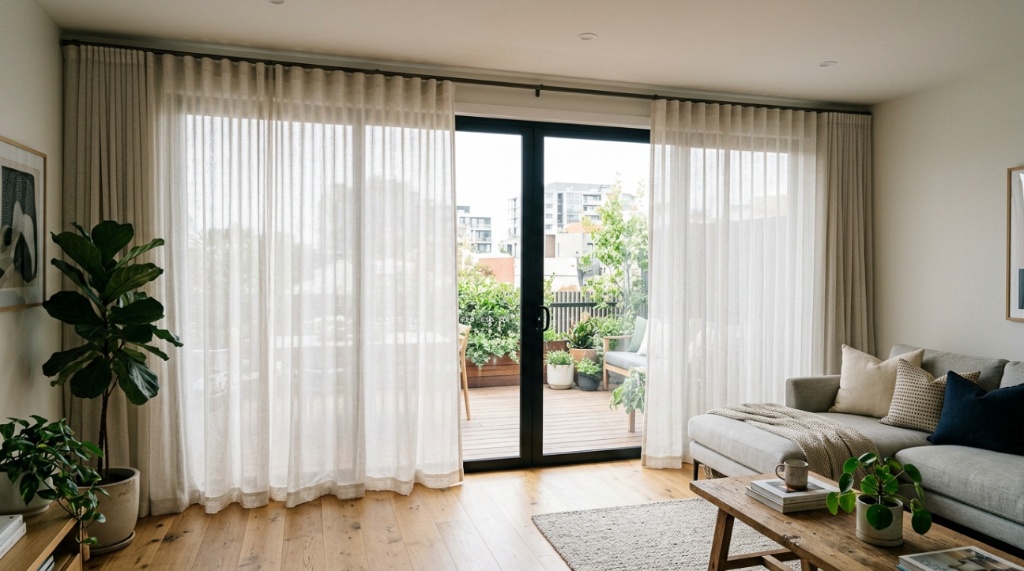 Person sliding open textured thermal privacy drapes on a patio door.