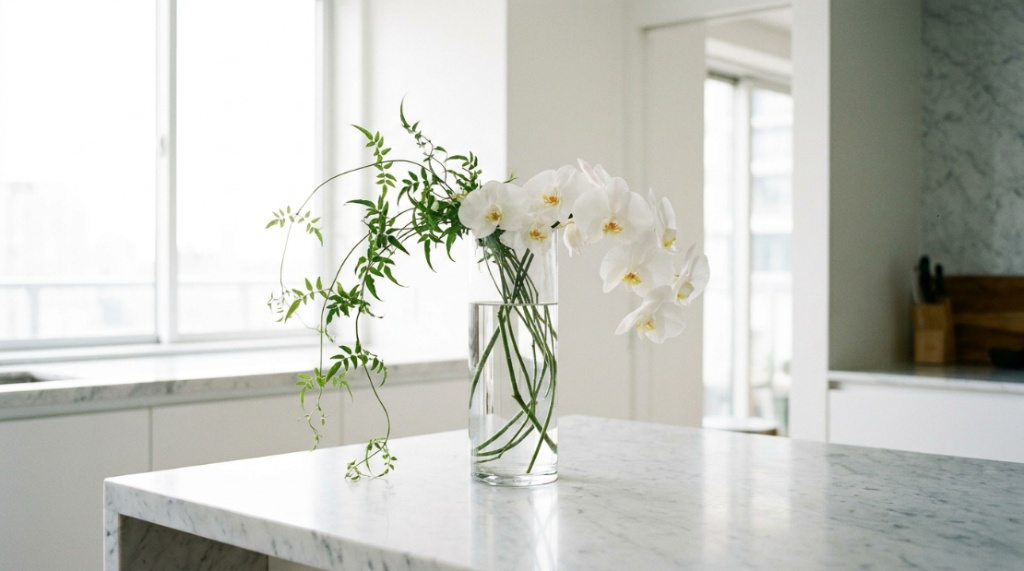 Modern minimalist white orchid floral arrangement in a glass vase.